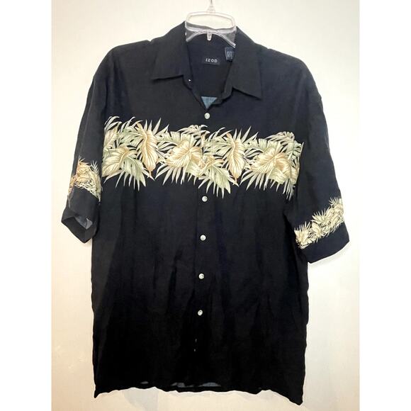 Vintage IZOD Hawaiian Shirt Mens Medium Black Rayon Leaves Beach Cruise EUC - Picture 2 of 7